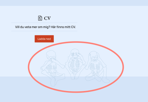 Screenshot of website CV section with an illustration of three skeletons.