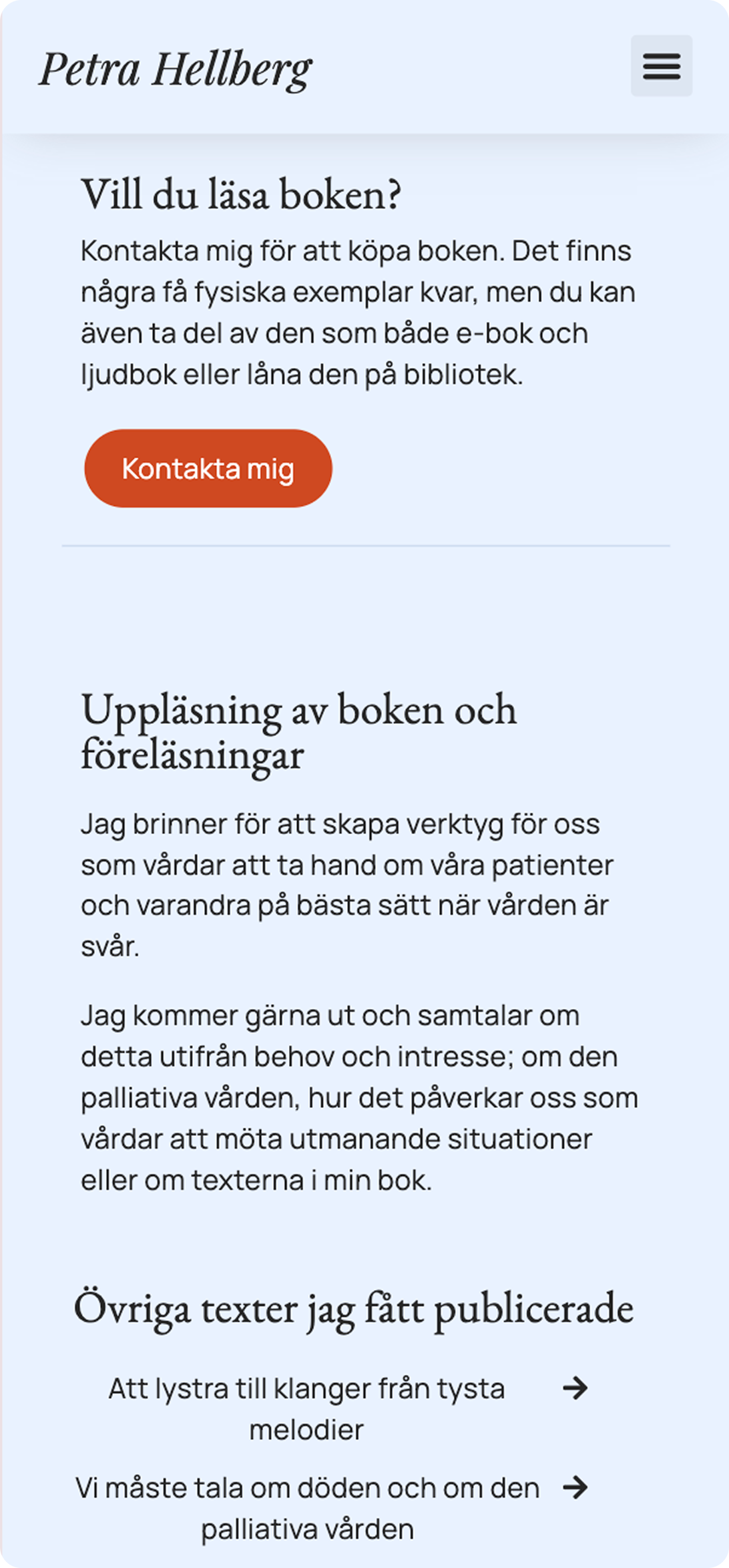 Screenshot of the final website design, mobile menu view